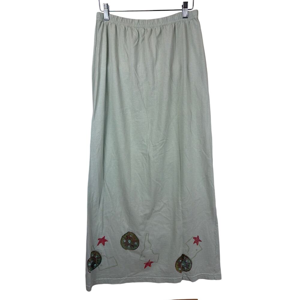 Vintage Blue Fish Mint Green Cotton Hand Printed Maxi Skirt Size 1 SM MED